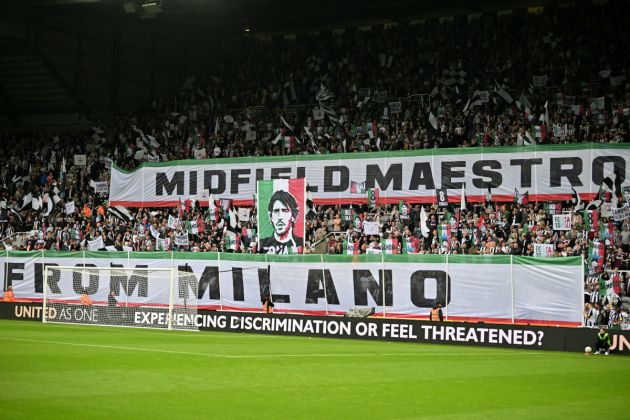 Newcastle fans hold up banners honouring Newcastle United's Italian midfielder #08 Sandro Tonali in the crowd ahead of the English Premier League football match between Newcastle United and Tottenham Hotspur at St James' Park in Newcastle-upon-Tyne, north east England on September 1, 2024. (Photo by ANDY BUCHANAN / AFP) / RESTRICTED TO EDITORIAL USE. No use with unauthorized audio, video, data, fixture lists, club/league logos or 'live' services. Online in-match use limited to 120 images. An additional 40 images may be used in extra time. No video emulation. Social media in-match use limited to 120 images. An additional 40 images may be used in extra time. No use in betting publications, games or single club/league/player publications. / (Photo by ANDY BUCHANAN/AFP via Getty Images)