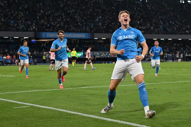 NAPLES, ITALY - SEPTEMBER 26: Scott McTominay of SSC Napoli celebrates after scoring his side fifth goal during the Coppa Italia match between SSC Napoli and Palermo at Stadio Diego Armando Maradona on September 26, 2024 in Naples, Italy. (Photo by Francesco Pecoraro/Getty Images)