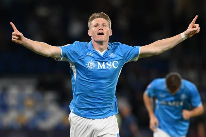 NAPLES, ITALY - SEPTEMBER 26: Scott McTominay of SSC Napoli celebrates after scoring his side fifth goal during the Coppa Italia match between SSC Napoli and Palermo at Stadio Diego Armando Maradona on September 26, 2024 in Naples, Italy. (Photo by Francesco Pecoraro/Getty Images)