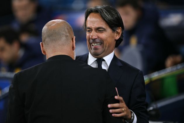 Manchester City's Spanish manager Pep Guardiola (L) and Inter Milan's Italian coach Simone Inzaghi (R) chat ahead of kick-off in the UEFA Champions League, league phase football match between Manchester City and Inter Milan at the Etihad stadium, in Manchester, north-west England, on September 18, 2024 (Photo by Oli SCARFF / AFP) (Photo by OLI SCARFF/AFP via Getty Images)