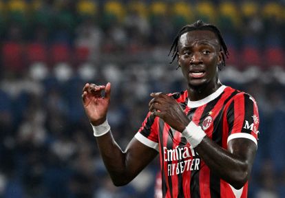 Ac Milan English defender #90 Tammy Abraham reacts during the Italian Serie A football match between Lazio and Milan at the Olympic stadium in Rome on August 31, 2024. (Photo by tiziana fabi / AFP) (Photo by TIZIANA FABI/AFP via Getty Images)