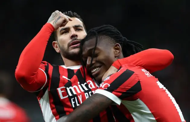 MILAN, ITALY - SEPTEMBER 14: Theo Hernandez of AC Milan celebrates with his team-mate Rafael Leao after scoring the opening goal during the Serie A match between AC Milan and Venezia at Stadio Giuseppe Meazza on September 14, 2024 in Milan, Italy. (Photo by Marco Luzzani/Getty Images)