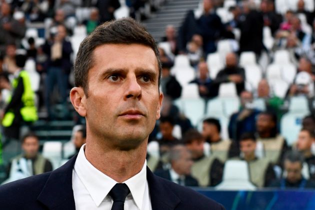 Juventus' Italian coach Thiago Motta reacts at the start of the UEFA Champions League 1st round day 1 football match between Juventus FC and PSV Eindhoven, at the Juventus Stadium in Turin on September 17, 2024. (Photo by Isabella BONOTTO / AFP) (Photo by ISABELLA BONOTTO/AFP via Getty Images)