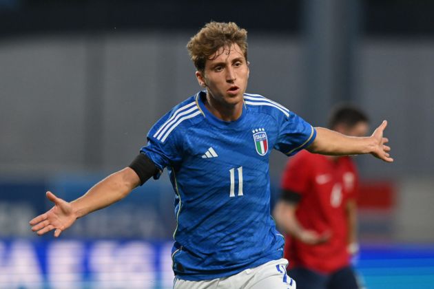 BOLZEN, ITALY - OCTOBER 17: Tommaso Baldanzi of Italy during the UEFA U21 EURO Qualifier match between Italy and Norway at Stadio Druso on October 17, 2023 in Bolzen, Italy. (Photo by Alessandro Sabattini/Getty Images)