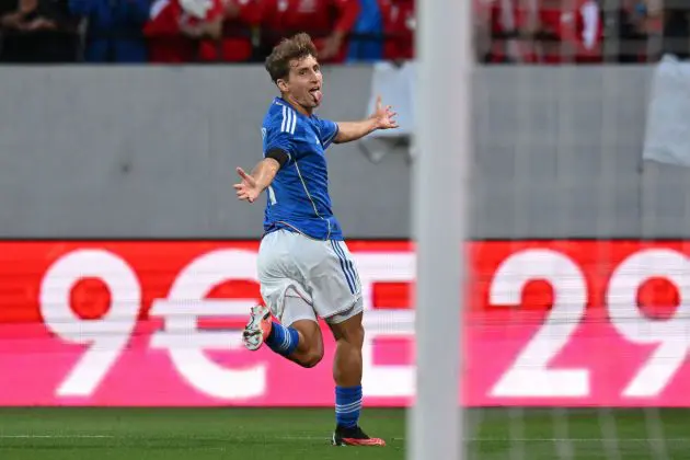 BOLZEN, ITALY - OCTOBER 17: Tommaso Baldanzi of Italy celebrates after scoring the opening goal during the UEFA U21 EURO Qualifier match between Italy and Norway at Stadio Druso on October 17, 2023 in Bolzen, Italy. (Photo by Alessandro Sabattini/Getty Images)