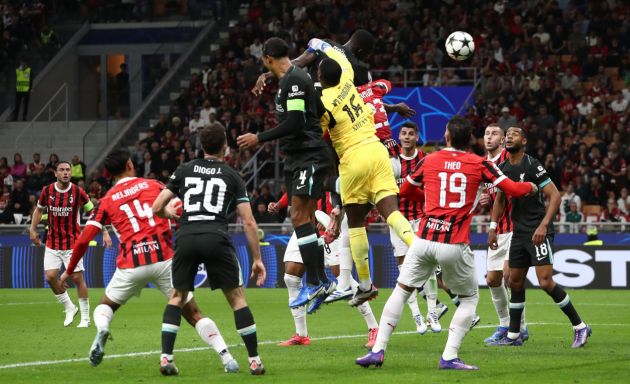 MILAN, ITALY - SEPTEMBER 17: Ibrahima Konate’ of Liverpool FC scores his goal during the UEFA Champions League 2024/25 League Phase MD1 match between AC Milan and Liverpool FC at Stadio San Siro on September 17, 2024 in Milan, Italy. (Photo by Marco Luzzani/Getty Images)