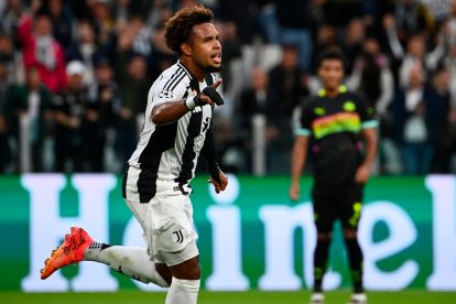 Juventus' American midfielder #16 Weston McKennie celebrates scoring his team's second goal during the UEFA Champions League 1st round day 1 football match between Juventus FC and PSV Eindhoven, at the Juventus Stadium in Turin on September 17, 2024. (Photo by Isabella BONOTTO / AFP) (Photo by ISABELLA BONOTTO/AFP via Getty Images)