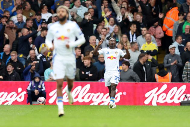 LEEDS, ENGLAND - SEPTEMBER 28: Wilfried Gnonto of Leeds United celebrates scoring his team's first goal during the Sky Bet Championship match between Leeds United FC and Coventry City FC at Elland Road on September 28, 2024 in Leeds, England. (Photo by George Wood/Getty Images)