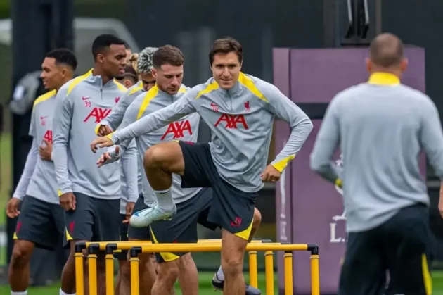 Italy international Federico Chiesa in training with Liverpool ahead of Champions League League Phase game against Milan.