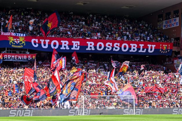 GENOA, ITALY - SEPTEMBER 15: Genoa fans wave their flags prior to kick-off in the Serie A match between Genoa CFC and AS Roma at Stadio Luigi Ferraris on September 15, 2024 in Genoa, Italy. (Photo by Getty Images/Getty Images)