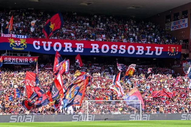 GENOA, ITALY - SEPTEMBER 15: Genoa fans wave their flags prior to kick-off in the Serie A match between Genoa CFC and AS Roma at Stadio Luigi Ferraris on September 15, 2024 in Genoa, Italy. (Photo by Getty Images/Getty Images)