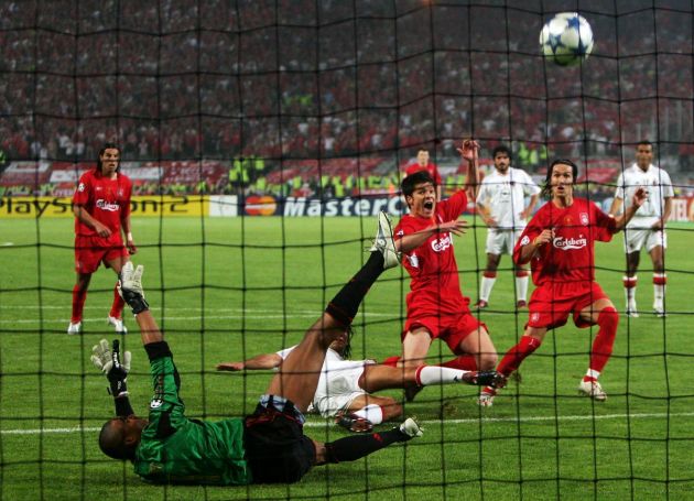 ISTANBUL, TURKEY - MAY 25: (Re-transmission of #52980075) Liverpool midfielder Xabi Alonso of Spain scores the third goal during the European Champions League final between Liverpool and AC Milan on May 25, 2005 at the Ataturk Olympic Stadium in Istanbul, Turkey. (Photo by Mike Hewitt/Getty Images)