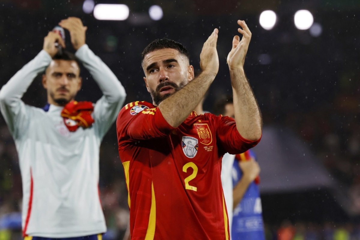 Ballon d'Or nominee Dani Carvajal applauds to supporters after winning the UEFA EURO 2024 Round of 16 soccer match between Spain and Georgia, in Cologne, Germany, 30 June 2024. EPA-EFE/ROBERT GHEMENT