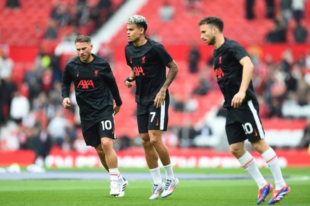 Alexis Mac Allister (L), Luis Diaz and Diogo Jota (R) of Liverpool warm-up before the English Premier League soccer match of Manchester United against Liverpool FC, in Manchester, Britain, 01 September 2024. EPA-EFE/PETER POWELL EDITORIAL USE ONLY. No use with unauthorized audio, video, data, fixture lists, club/league logos, 'live' services or NFTs. Online in-match use limited to 120 images, no video emulation. No use in betting, games or single club/league/player publications.