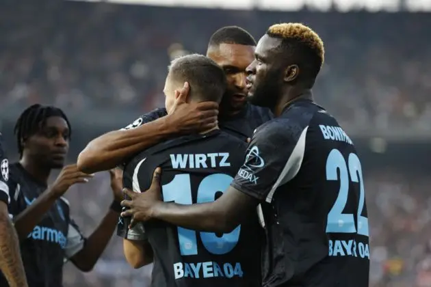 Florian Wirtz (3-R) of Bayer 04 Leverkusen celebrates with teammates after scoring the 1-0 lead during the UEFA Champions League match between Feyenoord Rotterdam and Bayer 04 Leverkusen at Feyenoord Stadion de Kuip in Rotterdam, Netherlands, 19 September 2024. EPA-EFE/MAURICE VAN STEEN