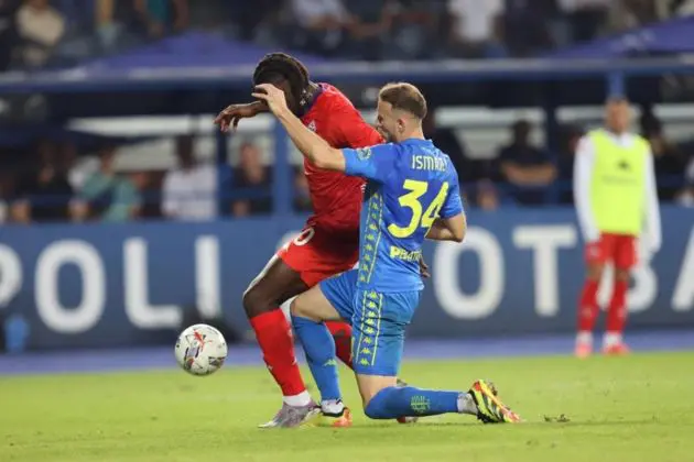 Juventus target Ardian Ismajli in action for Empoli against Fiorentina and Italy striker Moise Kean.