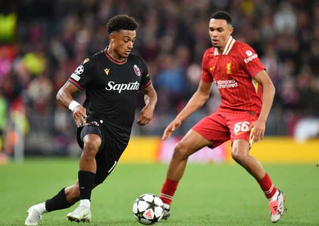 Bologna's Dan Ndoye (L) in action against Liverpool's Trent Alexander-Arnold (R) during the UEFA Champions League soccer match between Liverpool FC and Bologna FC 1909 in Liverpool, Britain, 02 October 2024. EPA-EFE/PETER POWELL