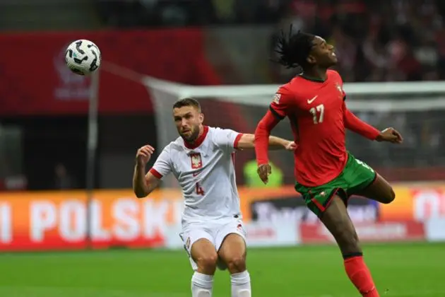 Sebastian Walukiewicz (L) of Poland in action against Rafael Leao (R) of Portugal during the UEFA Nations League group A1 soccer match between Portugal and Poland, in Warsaw, Poland, 12 October 2024 EPA-EFE/Piotr Nowak POLAND OUT