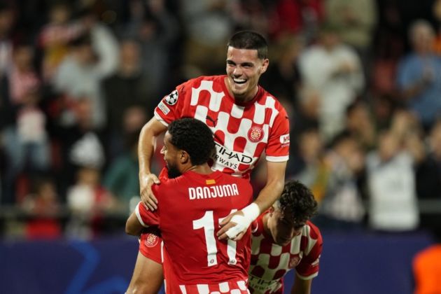 Girona's Miguel Gutierrez (R) celebrates after scoring the 1-0 goal during the Champions League soccer match between Girona FC and Slovan Bratislava, in Girona, Catalonia, Spain 22 October 2024.  EPA-EFE/SIU WU