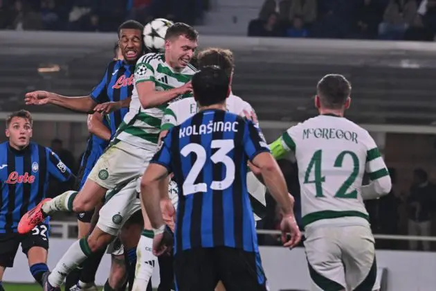 Atalanta's Isak Hien (L, top) in action during the UEFA Champions League soccer match between Atalanta BC and Celtic FC at the Bergamo Stadium in Bergamo, Italy, 23 October 2024. EPA-EFE/MICHELE MARAVIGLIA