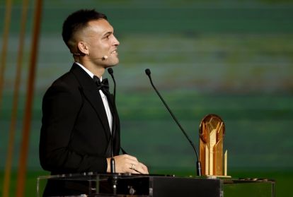 Argentine and Inter forward Lautaro Martinez presents the Yashin Trophy for the best goalkeeper at the Ballon d'Or 2024 ceremony at the Theatre du Chatelet in Paris, France, 28 October 2024. EPA-EFE/MOHAMMED BADRA