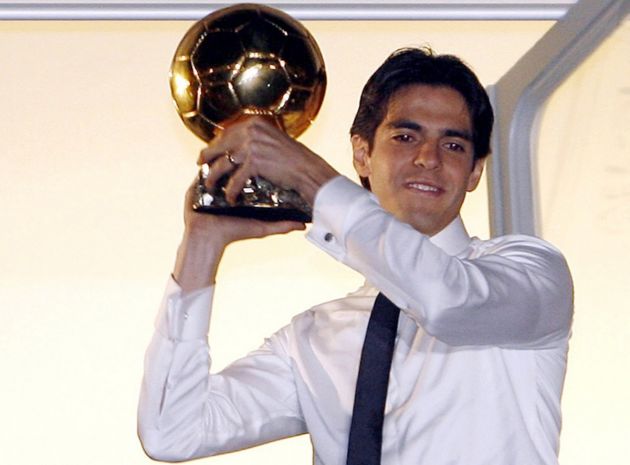 Brazilian Kaka' of AC Milan shows his Ballon d'Or (Golden Ball), in Milan, Lombardia Region, northern Italy, on 02 December 2007,. AC Milan and Brazil playmaker Kaka was awarded the 2007 Ballon d'Or by French magazine France Football on Sunday. Kaka, who won the Champions League with Milan last season, beat Manchester United's Cristiano Ronaldo of Portugal and Barcelona's Lionel Messi of Argentina, who were second and third respectively. EPA/DANIEL DAL ZENNARO