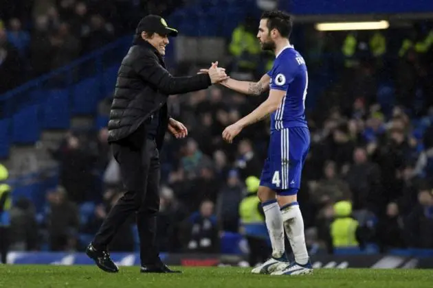 Chelsea manager Antonio Conte (L) greets player Cesc Fabregas (R) at the end of the English Premier League soccer match Chelsea vs Swansea at Stamford Bridge, London, Britain, 25 February 2017. EPA/WILL OLIVER EDITORIAL USE ONLY. No use with unauthorized audio, video, data, fixture lists, club/league logos or 'live' services. Online in-match use limited to 75 images, no video emulation. No use in betting, games or single club/league/player publications