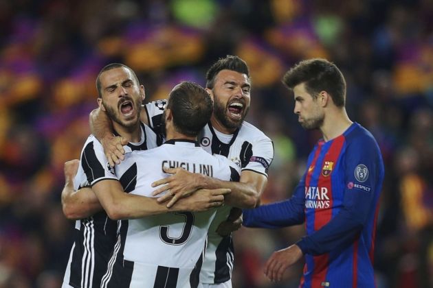 Juventus players (L-R) Leonardo Bonucci, Giorgio Chiellini and Andrea Barzagli celebrate at the end of the UEFA Champions League quarter final, second leg soccer match between FC Barcelona and Juventus FC at Camp Nou stadium in Barcelona, Spain, 19 April 2017. EPA/ALEJANDRO GARCIA