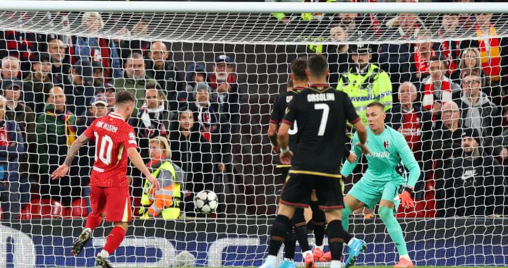 LIVERPOOL, ENGLAND - OCTOBER 02: Alexis Mac Allister of Liverpool scores his team's first goal during the UEFA Champions League 2024/25 League Phase MD2 match between Liverpool FC and Bologna FC 1909 at Anfield on October 02, 2024 in Liverpool, England. (Photo by Carl Recine/Getty Images)