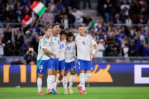 Lorenzo Pellegrini, Davide Frattesi, Mateo Retegui ROME, ITALY - OCTOBER 10: Andrea Cambiaso of Italy celebrates after scoring his team's first goal during the UEFA Nations League 2024/25 League A Group A2 match between Italy and Belgium at Stadio Olimpico on October 10, 2024 in Rome, Italy. (Photo by Emmanuele Ciancaglini/Getty Images)