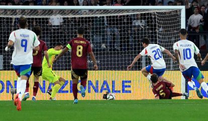 epa11653270 Italy's Andrea Cambiaso (3-R) scores the 1-0 goal during the UEFA Nations League group A2 soccer match between Italy and Belgium, in Rome, Italy, 10 October 2024. EPA-EFE/ETTORE FERRARI