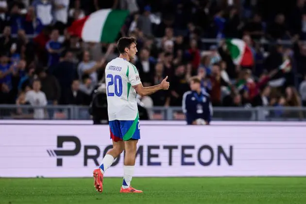 ROME, ITALY - OCTOBER 10: Andrea Cambiaso of Italy celebrates after scoring his team's first goal during the UEFA Nations League 2024/25 League A Group A2 match between Italy and Belgium at Stadio Olimpico on October 10, 2024 in Rome, Italy. (Photo by Emmanuele Ciancaglini/Getty Images)