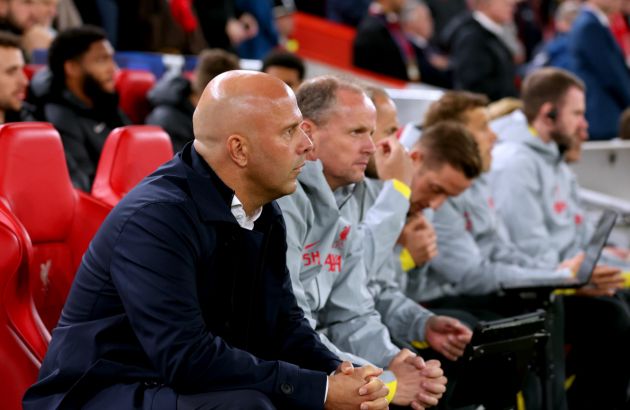 LIVERPOOL, ENGLAND - OCTOBER 02: Arne Slot, Manager of Liverpool, looks on prior to the UEFA Champions League 2024/25 League Phase MD2 match between Liverpool FC and Bologna FC 1909 at Anfield on October 02, 2024 in Liverpool, England. (Photo by Carl Recine/Getty Images)