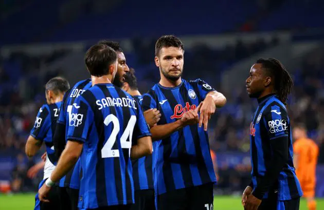 GELSENKIRCHEN, GERMANY - OCTOBER 02: Berat Djimsiti of Atalanta celebrates scoring his team's first goal with teammates during the UEFA Champions League 2024/25 League Phase MD2 match between FC Shakhtar Donetsk and Atalanta BC at Arena AufSchalke on October 02, 2024 in Gelsenkirchen, Germany. (Photo by Dean Mouhtaropoulos/Getty Images)