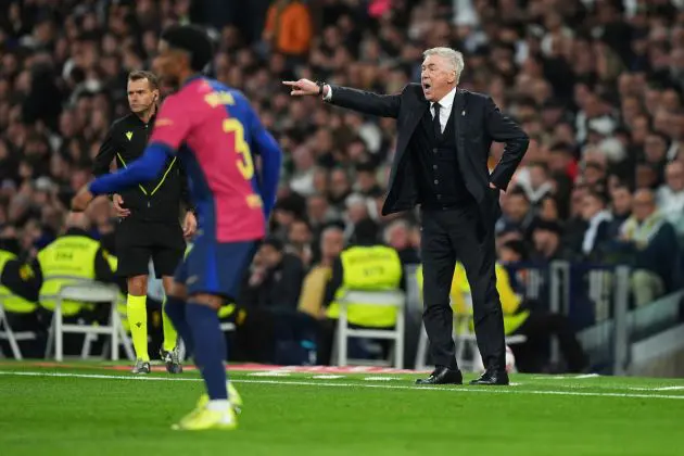 MADRID, SPAIN - OCTOBER 26: Carlo Ancelotti, Head Coach of Real Madrid, gestures during the LaLiga match between Real Madrid CF and FC Barcelona at Estadio Santiago Bernabeu on October 26, 2024 in Madrid, Spain. (Photo by Angel Martinez/Getty Images)