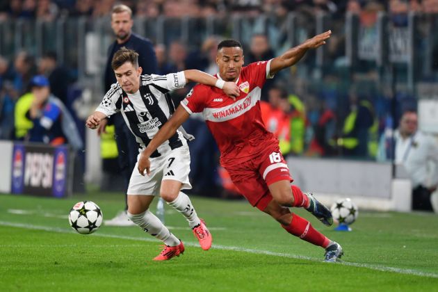 TURIN, ITALY - OCTOBER 22: Francisco Conceicao of Juventus and Jamie Leweling of VfB Stuttgart compete for the ball during the UEFA Champions League 2024/25 League Phase MD3 match between Juventus and VfB Stuttgart at Juventus Stadium on October 22, 2024 in Turin, Italy. (Photo by Valerio Pennicino/Getty Images)