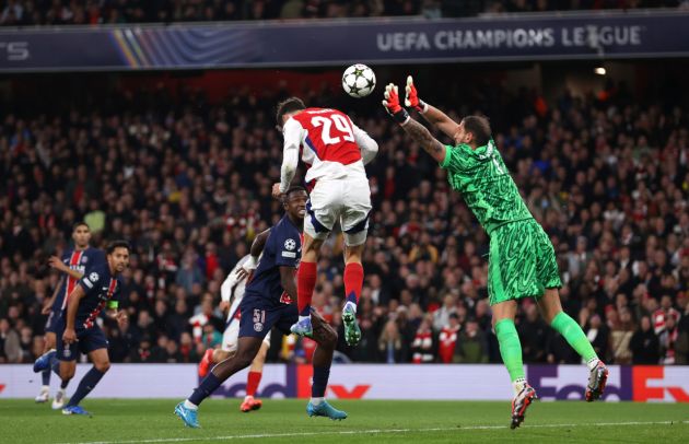 LONDON, ENGLAND - OCTOBER 01: Kai Havertz of Arsenal scores his team's first goal against Gianluigi Donnarumma of Paris Saint-Germain (obscured) during the UEFA Champions League 2024/25 League Phase MD2 match between Arsenal FC and Paris Saint-Germain at Emirates Stadium on October 01, 2024 in London, England. (Photo by Julian Finney/Getty Images)