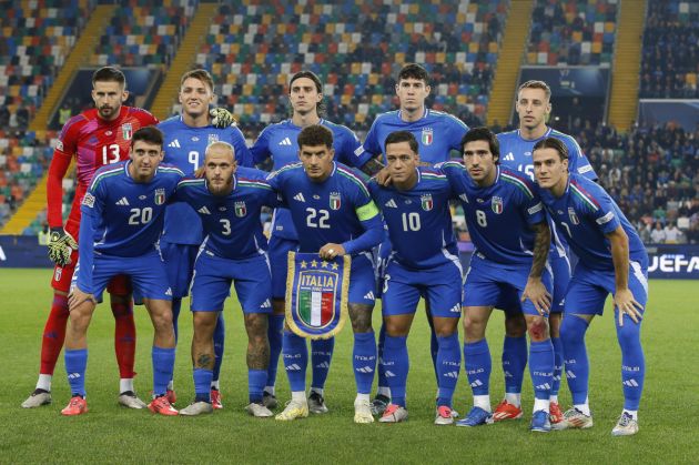 epa11659421 Starting eleven of Italy poses during the UEFA Nations League A soccer match Italy vs Israel in Udine, Italy, 14 October 2024. EPA-EFE/DAVIDE CASENTINI