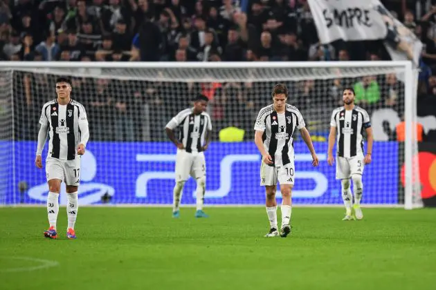 TURIN, ITALY - OCTOBER 22: Vasilije Adzic and Kenan Yildiz of Juventus react after El Bilal Toure of VfB Stuttgart (not pictured) scores his team's first goal during the UEFA Champions League 2024/25 League Phase MD3 match between Juventus and VfB Stuttgart at Juventus Stadium on October 22, 2024 in Turin, Italy. (Photo by Valerio Pennicino/Getty Images)