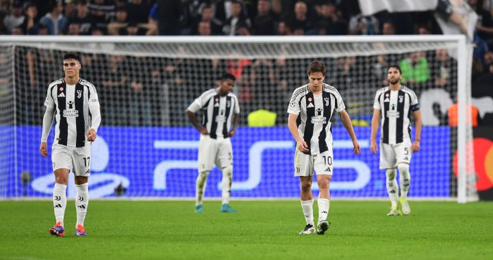 TURIN, ITALY - OCTOBER 22: Vasilije Adzic and Kenan Yildiz of Juventus react after El Bilal Toure of VfB Stuttgart (not pictured) scores his team's first goal during the UEFA Champions League 2024/25 League Phase MD3 match between Juventus and VfB Stuttgart at Juventus Stadium on October 22, 2024 in Turin, Italy. (Photo by Valerio Pennicino/Getty Images)