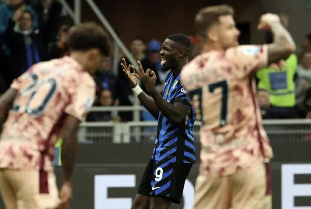 epa11644267 Inter Milans Marcus Thuram celebrates after scoring his third goal during the Italian Serie A soccer match between FC Inter and Torino FC at Giuseppe Meazza stadium in Milan, Italy, 05 October 2024. EPA-EFE/MATTEO BAZZI