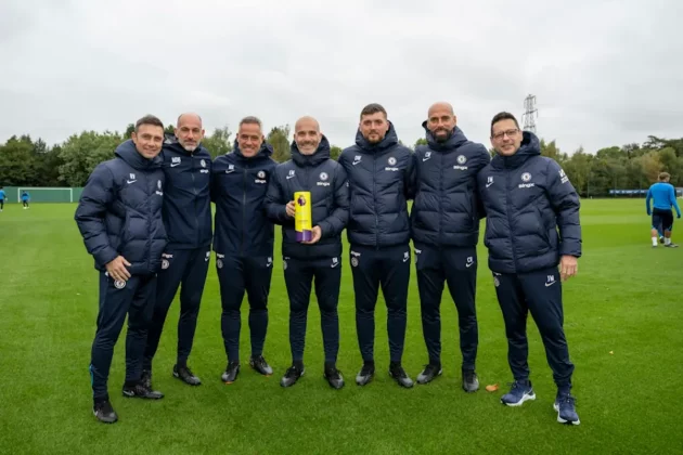 Enzo Maresca and his coaching staff after being awarded the Premier League manager of the month award for September 2024. (Picture via www.chelseafc.com)