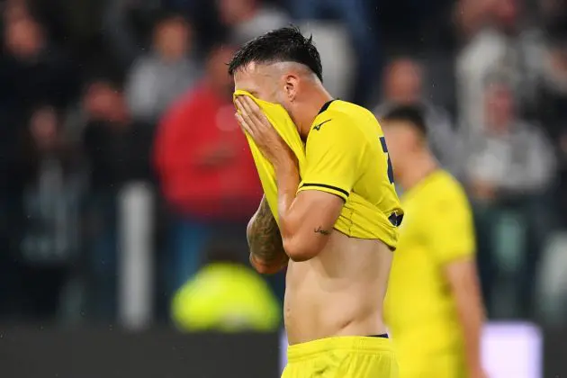 TURIN, ITALY - OCTOBER 19: Mario Gila of Lazio looks dejected after scoring an own goal and the first goal for Juventus during the Serie A match between Juventus and SS Lazio at Allianz Stadium on October 19, 2024 in Turin, Italy. (Photo by Valerio Pennicino/Getty Images)