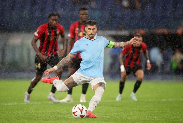 ROME, ITALY - OCTOBER 03: Mattia Zaccagni of Lazio scores his team's fourth goal from a penalty kick during the UEFA Europa League 2024/25 League Phase MD2 match between S.S. Lazio and OGC Nice at Stadio Olimpico on October 03, 2024 in Rome, Italy. (Photo by Paolo Bruno/Getty Images)