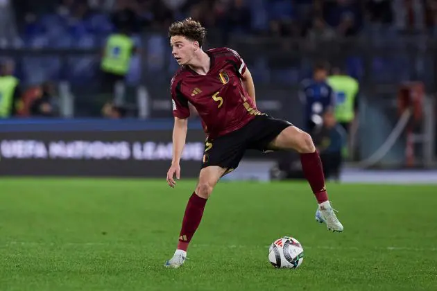 ROME, ITALY - OCTOBER 10: Maxim De Cuyper of Belgium in action during the UEFA Nations League 2024/25 League A Group A2 match between Italy and Belgium at Stadio Olimpico on October 10, 2024 in Rome, Italy. (Photo by Emmanuele Ciancaglini/Getty Images)