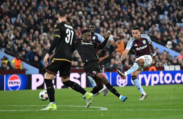 BIRMINGHAM, ENGLAND - OCTOBER 22: Morgan Rogers of Aston Villa takes a shot during the UEFA Champions League 2024/25 League Phase MD3 match between Aston Villa FC and Bologna FC 1909 at Villa Park on October 22, 2024 in Birmingham, England. (Photo by Michael Regan/Getty Images)