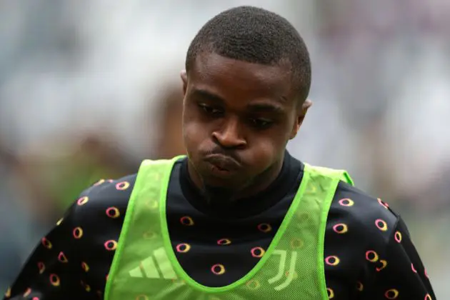 TURIN, ITALY - OCTOBER 06: Pierre Kalulu of Juventus reacts during the warm up prior to the Serie A match between Juventus FC and Cagliari Calcio at Allianz Stadium on October 06, 2024 in Turin, Italy. (Photo by Jonathan Moscrop/Getty Images)