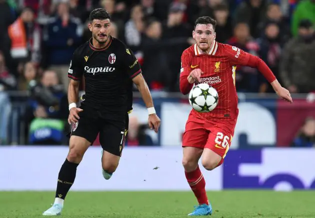 epa11638646 Liverpool's Andy Robertson (R) in action against Bologna's Riccardo Orsolini (L) during the UEFA Champions League soccer match between Liverpool FC and Bologna FC 1909 in Liverpool, Britain, 02 October 2024. EPA-EFE/PETER POWELL