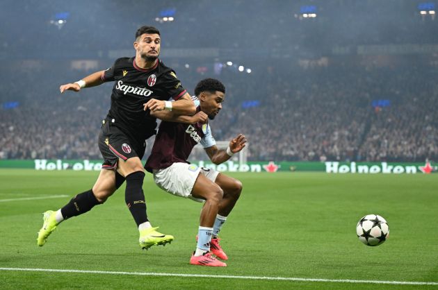 BIRMINGHAM, ENGLAND - OCTOBER 22: Riccardo Orsolini of Bologna and Ian Maatsen of Aston Villa compete for the ball during the UEFA Champions League 2024/25 League Phase MD3 match between Aston Villa FC and Bologna FC 1909 at Villa Park on October 22, 2024 in Birmingham, England. (Photo by Michael Regan/Getty Images)