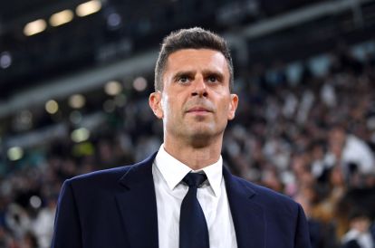 TURIN, ITALY - OCTOBER 19: Thiago Motta, Head Coach of Juventus, looks on prior to the Serie A match between Juventus and SS Lazio at  on October 19, 2024 in Turin, Italy. (Photo by Valerio Pennicino/Getty Images)